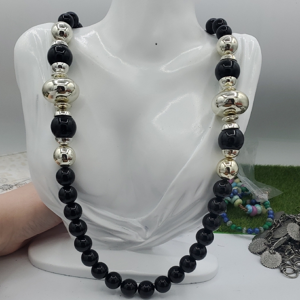 Elegant Black Bead Necklace with Silver Tone Ball Accents 32 Inch Overflow